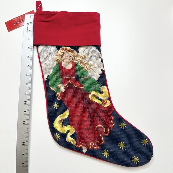 Macys Holiday Lane Christmas Wool Needlepoint Velvet Holiday Stocking Angel Red - Picture 2 of 5